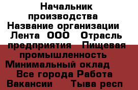 Начальник производства › Название организации ­ Лента, ООО › Отрасль предприятия ­ Пищевая промышленность › Минимальный оклад ­ 1 - Все города Работа » Вакансии   . Тыва респ.